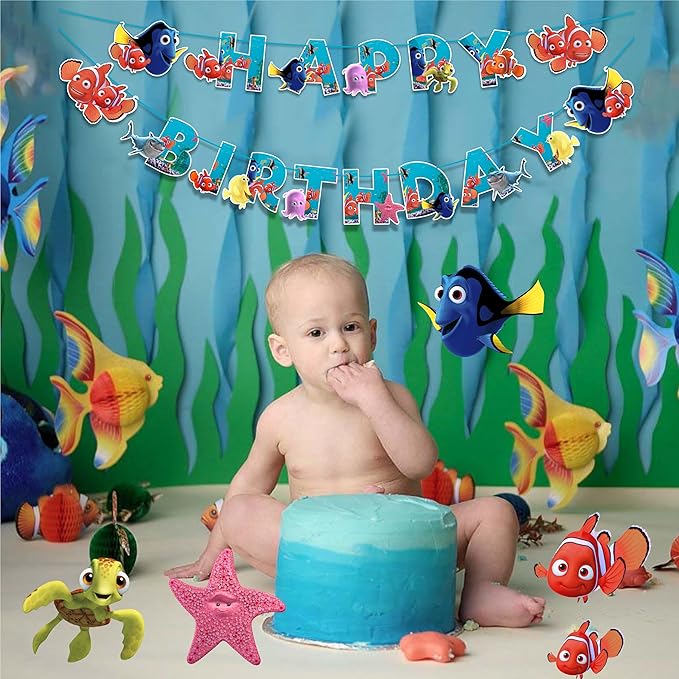 Findng Nmo Happy Birthday Banner – Colorful Underwater Theme Birthday Party Decoration – Durable, Reusable, and Easy to Hang Banner for Birthday Parties – Perfect Party Supplies for Boys and Girls