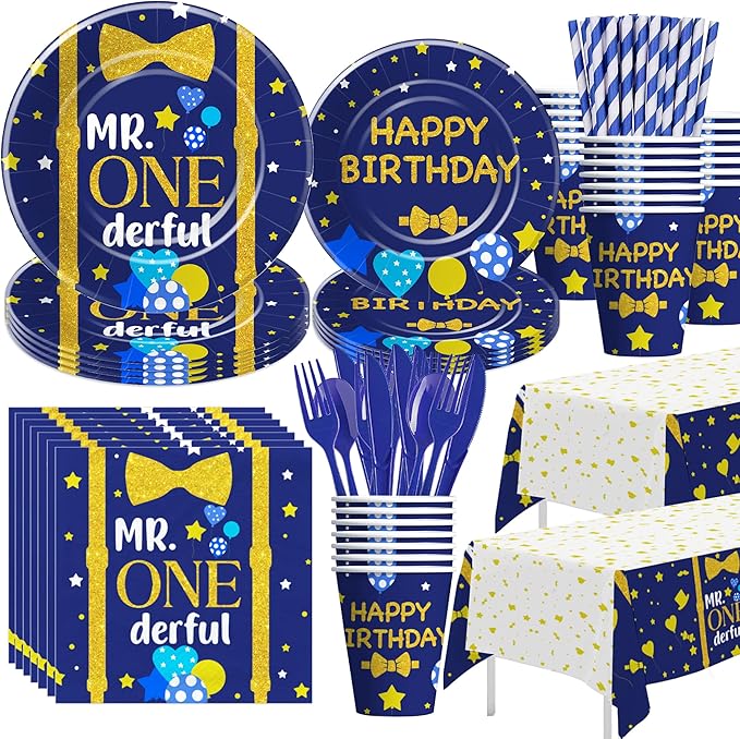 APOWBLS Mr Onederful First Birthday Decorations Tableware Boy, Baby Boy Onederful 1st Birthday Party Supplies, Paper Plate, Cup, Napkin, Tablecloth, Cutlery | Serves 24