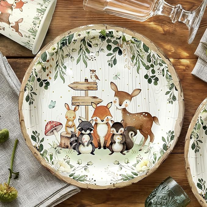 Woodland Baby Shower Party Supplies - 144 Pcs Serve 24 Guests, Safari Jungle Animal Party Decorations Include Plates and Napkins, Cups, Straws, Forks