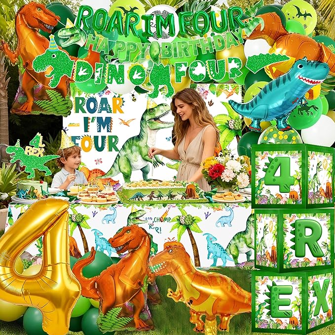 Roar I Am Four Dino 4 Birthday Party Decorations for Boys – Four Rex Themed 4th Birthday Kit Including Banner Backdrop, Tablecloths, Balloon ，Crown And Boxes For 4 Rex Party Supplies