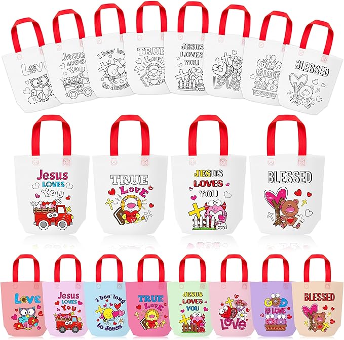 Valentine's Day Cartoon Coloring Goodie Bag for Kids - 24Pcs Christian Bulk Color Your Own Gift Bag with Handle Religious Reusable Coloring Non Woven Tote Bag for Valentine Party DIY Painting Craft