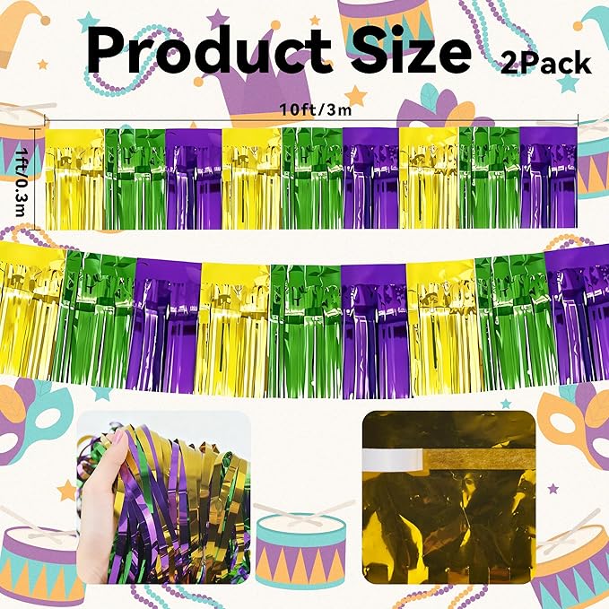 OHOME Mardi Gras Decorations - 2 Pack Gold Green Purple Streamers | Mardi Gras Party Favors Supplies Decor Indoor Outdoor - Masquerade Birthday Party Float Garlands Photo Booth Banner Backdrop,10 FT
