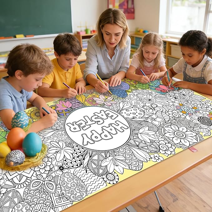 Jumbo Easter Mandala Coloring Poster - Easter Egg Bunny Flower DIY Drawing Color-in Paper Blank Art Banner 55.1 x 23.6 Inch Wall Decor, Home Classroom Activity for Kids Spring Party Supplies