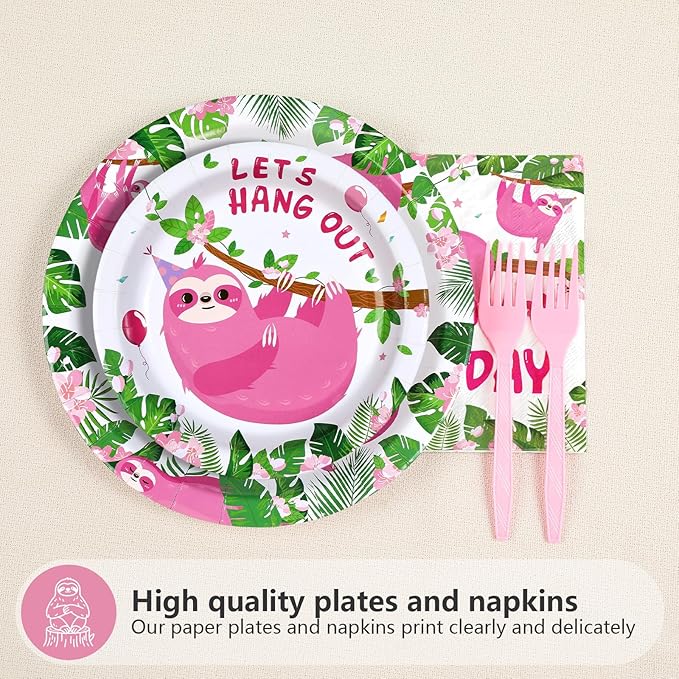 96Pcs Sloth Animal Birthday Party Supplies Hanging Pink Sloth Plates and Napkins Jungle Cute Animal Theme Tableware Set for Kids Girls Animal Theme Birthday Party Supplies，Serves 24