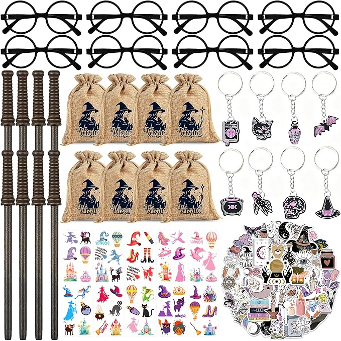 92pcs Wizard Party Favors for Kids Girls with Glasses Frames, Wand Pencils, Stickers, Tattoos, Keychains & Gift Bags – Birthday Goodie Bag Fillers, Classroom Rewards & Party Supplies