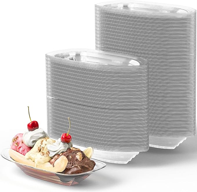 Super Fun Recyclable 8oz Banana Split Boats 250 Pack. Durable, Disposable Ice Cream Sundae Bowls. Perfect Plastic Cups for Social Event or Kids Birthday Party. Great Clear Dessert Tray for Carnivals.