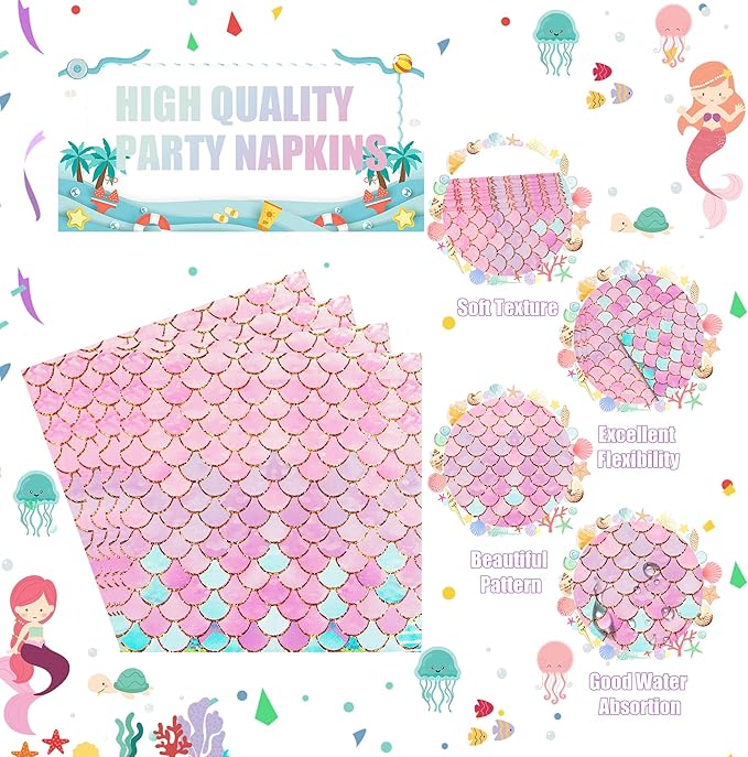 CANREVEL 96 PCS Mermaid Party Plates & Napkins Set, Serve 24, Disposable Tableware for Mermaid Party Supplies Decorations for Girl Kid Women Adult