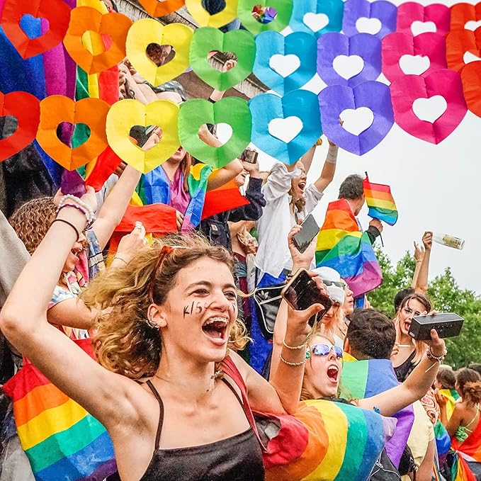 Tlswshsy 6 Pieces Colorful Rainbow Heart Banner - 60 Feet Colorful Rainbow Gay Pride Paper Garland - Heart Shape Hanging Decorations for Birthday Party Wedding Parades Celebration