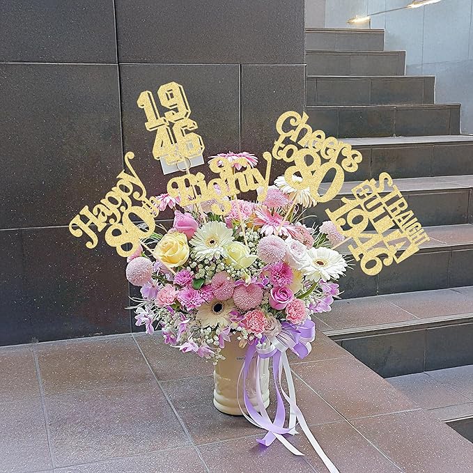 Gyufise 15Pcs Happy 80th Birthday Centerpiece Sticks Eighty Straight Outta 1946 Table Flower Centerpieces Sticks Cheers to 80 Decorations for 80th Birthday Party Supplies Gold