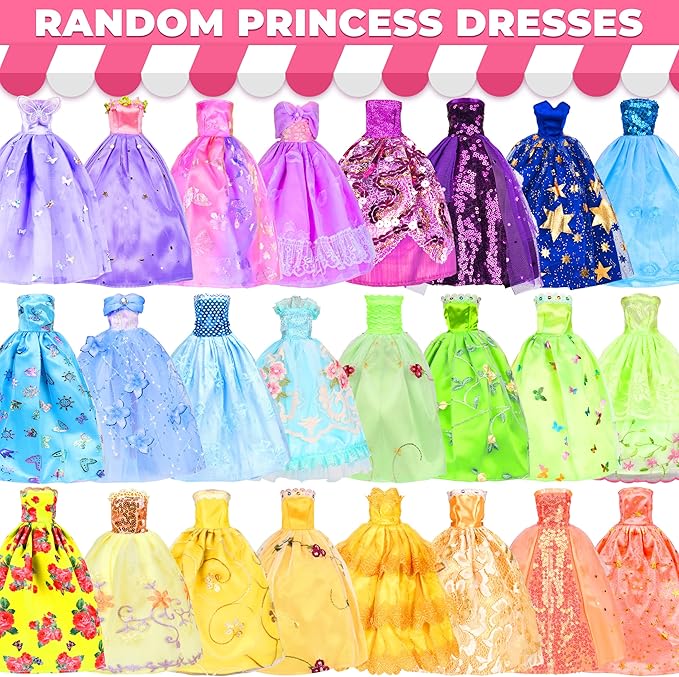 195 Pcs Doll Clothes and Accessories Kit, Include Princess Gowns, Fashion Skirt, Slip Dresses, Tops, Pants, Bikini Swimsuits, Shoes, Crowns, Necklaces, Glasses, Hangers in Gift Box for 11"-12" Dolls