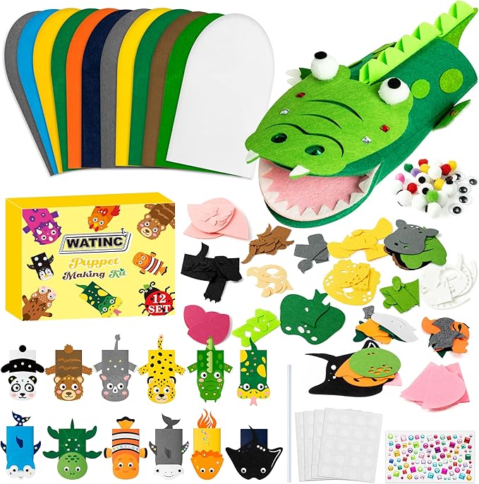 WATINC 12Pcs Hand Puppet Making Kit, Art Craft Felt Sock Puppet Toys, Creative DIY Make Your Own Pompoms Wiggle Googly Eyes Storytelling Role Play Party Supplies Gift for Girls Boys (Ocean A Wild A)