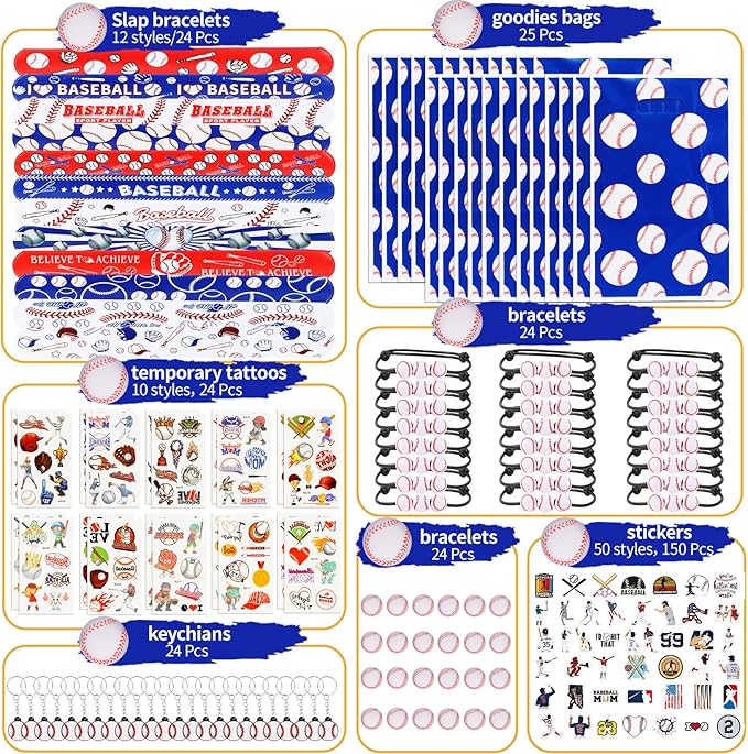 Kolewo4ever 294 Pieces Baseball Party Supplies Baseball Themed Birthday Gift Goodie Bags for Sports Party Supplies