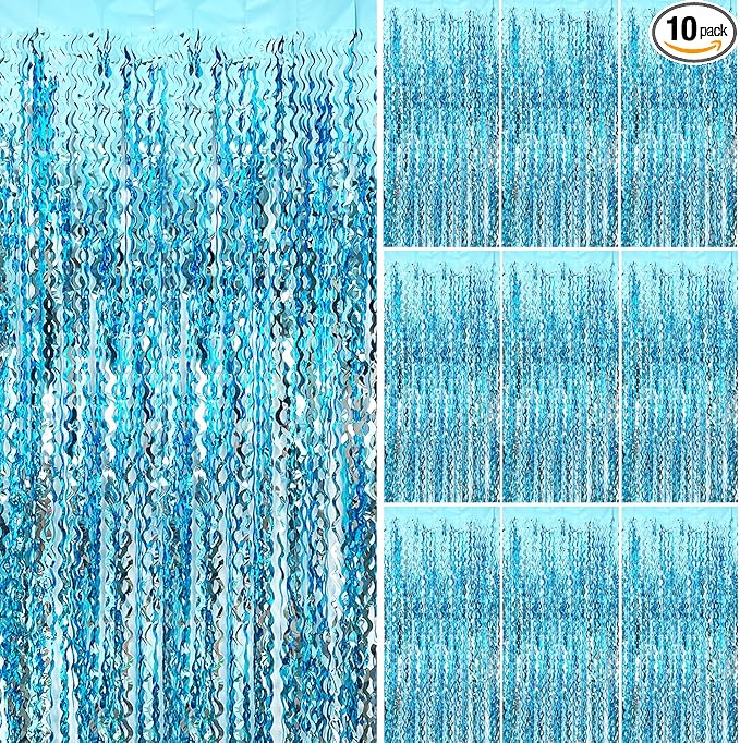 Blue Streamers Photo Backdrop Wave Foil Fringe Curtain Tinsel Backdrop Blue Birthday Parties Favor for Bachelorette, Frozen Birthday Ocean Themed Party Decorations Snow Flakes Decorating