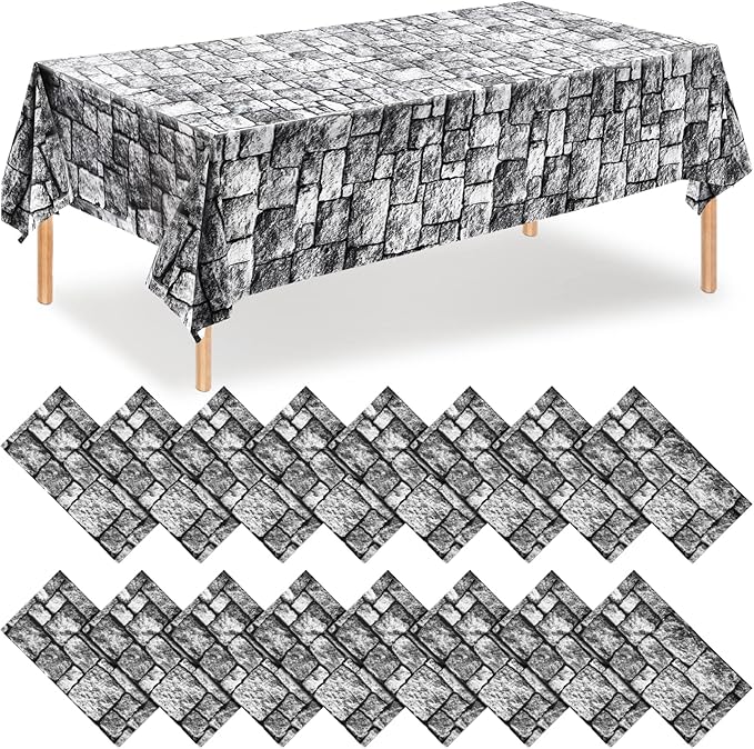 Irenare Halloween Stone Wall Tablecloths, Medieval Castle Party Decorations Supplies Disposable Plastic Brick Stone Tablecloth Brick Wall Table Covers for Birthday Party Favors(16 Pack,108 x 54 Inch)