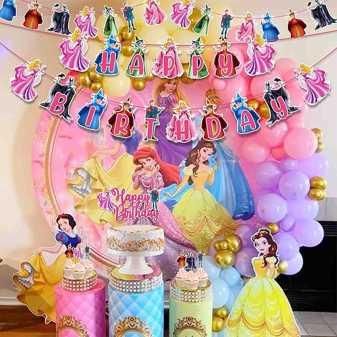 Sleepin Beauty Theme - Party Decorations, Princess Inspired Birthday Decor for Girls, Fairy Tale Castle Party Supplies, Pink Royal Birthday Banner, Cake Topper & Cupcake Decoration Set