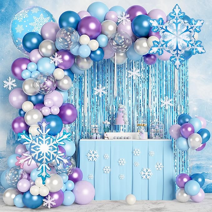 167Pcs Frozenn Balloons Arch Garland Kit, Froozen Birthday Party Decorations Supplies Fringe Curtain Blue Purple Snowflake Balloon for Winter Wonderland Princess Girl Decor