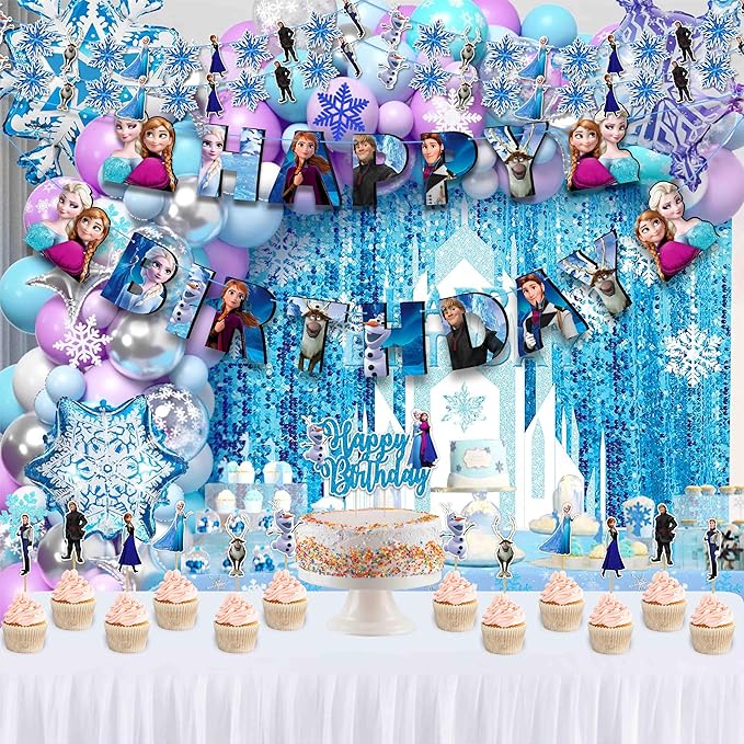 Frozn Theme Birthday Party Supplies - Decoration Set for Girls Celebration, Ice Princess Party Décor Kit with Banner, Cake Topper, Cupcake Toppers and Table Decorations for Home Event Setup