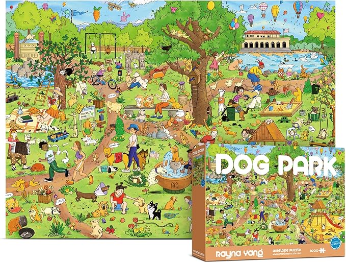 ANTELOPE 3 in 1 1000 Piece Puzzle Bundle - Dog Park, Drive in Movie, Roller Coaster - 1000 Piece Jigsaw Puzzle, Cartoon Style, 15 Years and Up