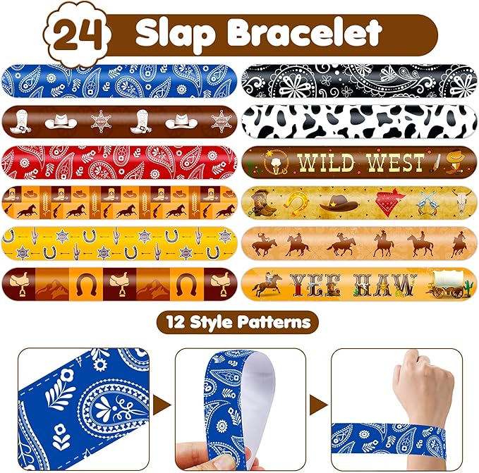 72PCS Cowboy Party Favors for Kids - 24 Slap Bracelets & 48 Pre-Cut Temporary Tattoos, Western Rodeo Birthday Party Supplies, Goodie Bag Fillers, Decorations for Boys & Girls