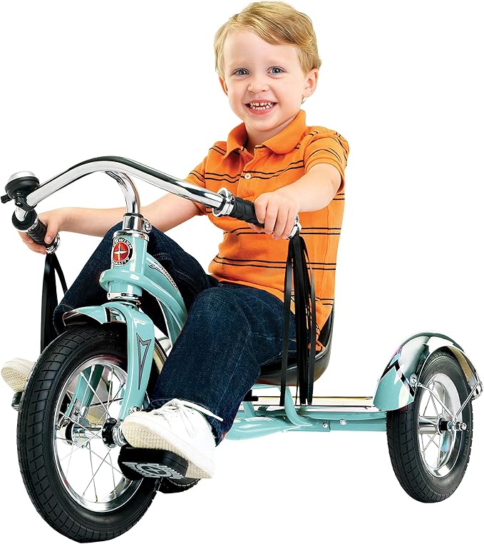 Schwinn Roadster Bike for Toddler, Kids Classic Tricycle, Low Positioned Steel Trike Frame with Bell and Handlebar Tassels, Rear Deck Made of Genuine Wood, for Boys and Girls Ages 2-4 Year Old, Teal