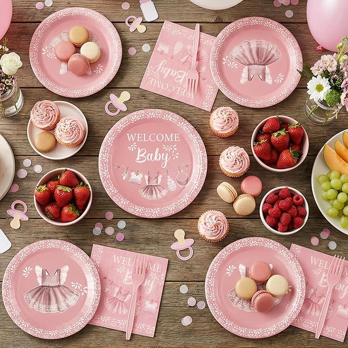 96Pcs Pink Platos De Barro Mexicanos Baby Shower Party Plates Supplies Welcome Baby Cielito Lindo Terracotta Tableware Decorations Disposable Paper Plates Napkins Forks for Birthday, Serves 24