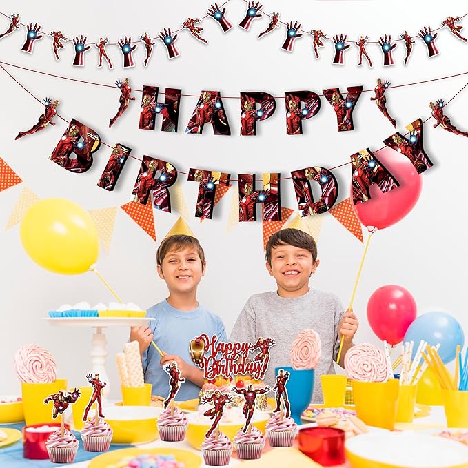 "Irn Man Theme Birthday Party Supplies – Superhero Party Decorations for Boys Girls – Includes Happy Birthday Banner, Cake Topper, Cupcake Picks, Garland, and Party Table Décor for Fans"