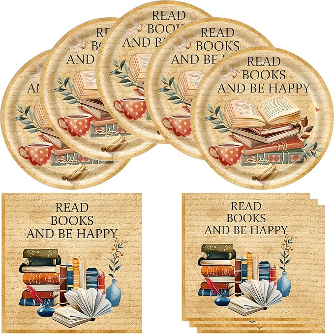Book Birthday Party Supplies, include 20 Plates and 20 Napkins, for Vintage Book Club Library Reading Party Decorations