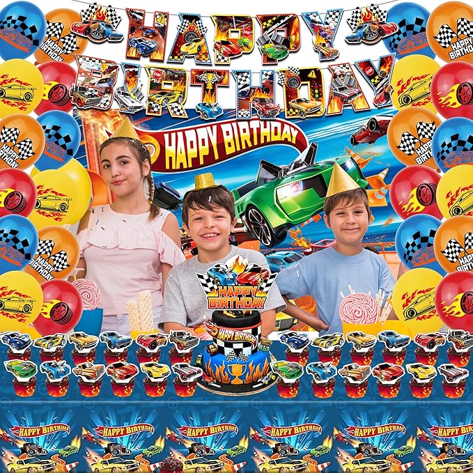 52Pcs Hot Car Birthday Party Decorations, Birthday Party Supplies for Hot Car Includes Banner, Backdrop, 24 Balloons, Cake Topper, 24 Cupcake Toppers, TableCloth