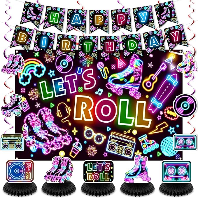 Roller Skating Party Decorations Glow Neon Happy Birthday Banner Let's Roll Backdrop Retro Roller Skating Honeycomb Centerpieces Hanging Swirl Decor for Kids Adults Hip Hop Rollerskate Party Supplies
