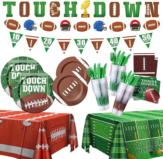 173PCS Football Party Supplies Kit for 24 Guests - Football Birthday Party Supplies with Paper Plate Napkin Big Cup Cutlery Banners Touchdown Tablecloth Tailgate Party Decorations(B)
