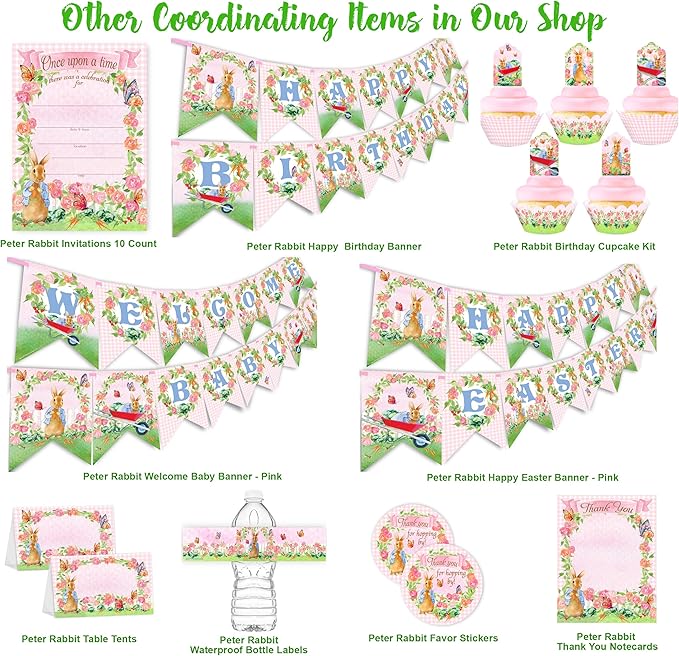 Peter Bunny Birthday Banner – Storybook Bunny Birthday Party Decorations, Garden Rabbit Birthday Theme for Kids Boys, Vintage Woodland Birthday Party Decor Peter Happy Birthday Banner Pennant - Rabbit Birthday Decorations - Peter Party Supplies - Pink
