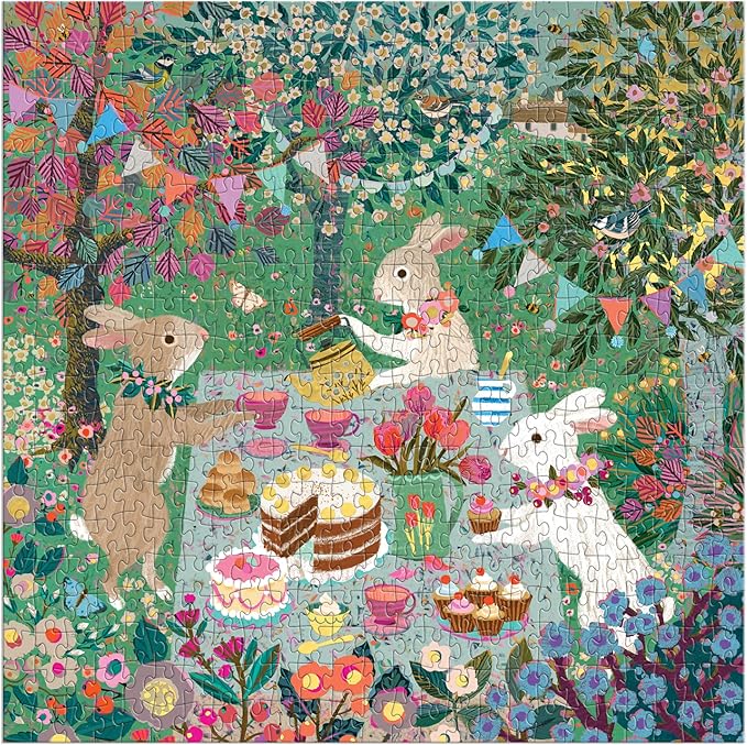 Galison Spring Tea Party – 500 Piece Foil Jigsaw Puzzle Featuring Beautiful Artwork of Rabbits Enjoying A Tea Party