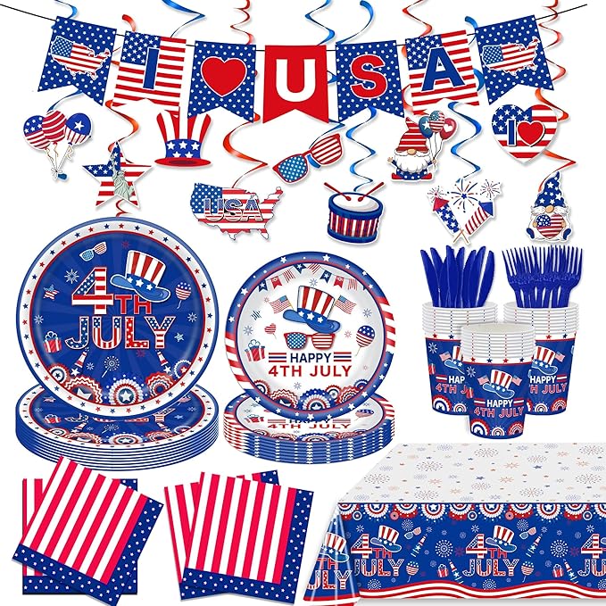 132 Pcs 4th of July Party Supplies for Boys Girls Independence Day Party Decorations Red White Blue Tableware with Plates Napkins Cups Forks Knives and Spirals 20 Guests