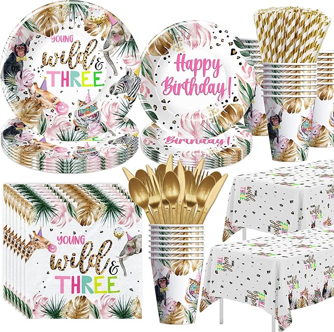 APOWBLS Young Wild And Three Decorations Girl Dinnerware, Safari 3rd Birthday Party Supplies, Plate, Cup, Napkin, Tablecloth, Cutlery, Straw, Animal Jungle 3 Year Old Birthday Decorations | Serves 24