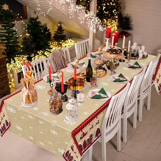 Christmas Plastic Table Cover - 3 Pack Merry Christmas Buffalo Plaid Disposable Waterproof Plastic Rectangle Xmas Table Cloth Winter Holiday Party Picnic Decoration Supplies Indoor Outdoor