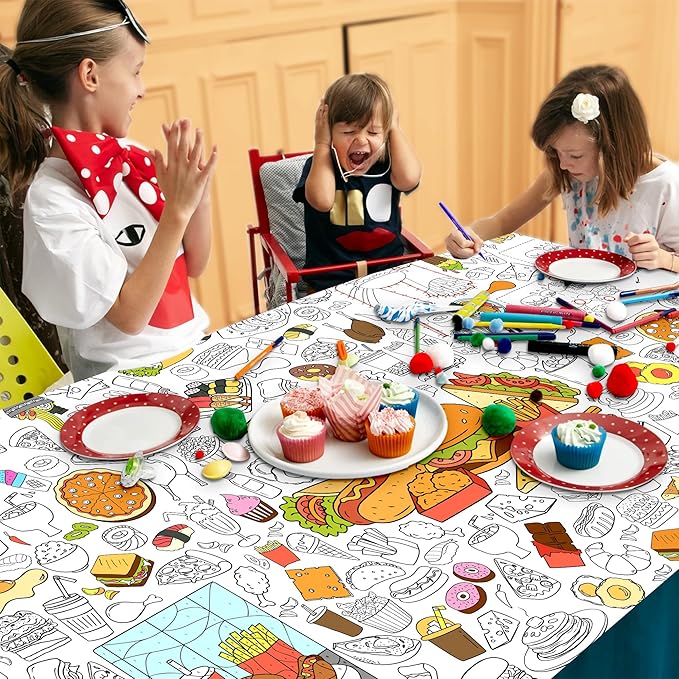 Groovy Coloring Tablecloth for Kids, Colorful 30x72 Inch Poster with Peace Signs, Daisy, Retro Designs, Perfect for Groovy Party Games for Girls, 70s Decorations, Celebration Supplies