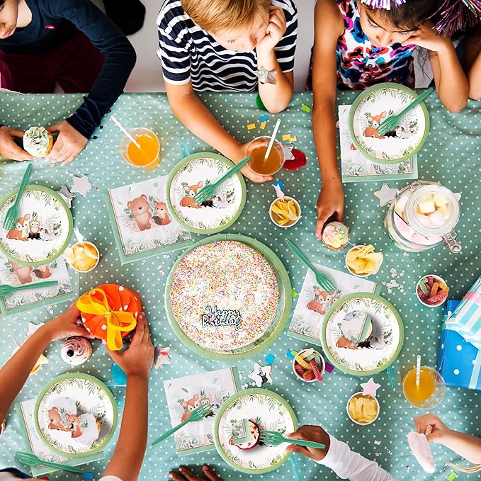 96Pcs Woodland Animal Baby Shower Greenery Wild Creatures Forest Party Plates Supplies Tableware Decoration Disposable Paper Plate Napkin Fork for Birthday, Serves 24