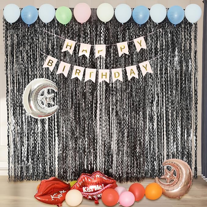 Black Foil Fringe Curtains Party Decorations - 4 Pack 3.3 ft x 6.6 ft Foil Party Curtain Streamer Backdrop for Halloween | Graduation | Fiesta Birthday Decor