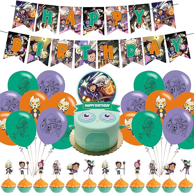 The Owl house Birthday Party Decorations, Owl house Cartoon Theme Party Supplies set with Happy Birthday Banner,Cake Cupcake Toppers,Balloons for Adults Party Favors