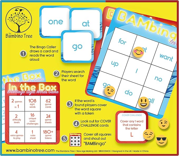 THE BAMBINO TREE Sight Word Bingo Game Level 1 and 2 - Educational Games for Kids - Learn to Read Vocabulary for Kindergarten 1st Grade - Dolch's Fry's Words Lists
