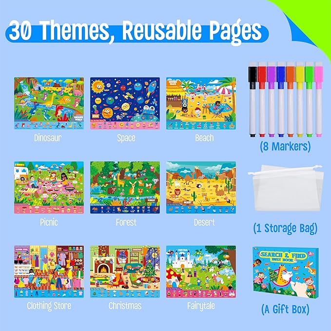 SpriteGru Search & Find Book, 30 Different Themes 32 Pages Activities Book, Montessori Learning Toy Educational Game Autism Sensory Toys for Preschool Girls and Boys