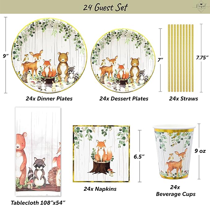121Pc Woodland Baby Shower Decorations For Boy Or Girl, Birthday Party Supplies, Heavy Duty Sage Green Tablecloth, Paper Plates, Napkins, Straws And Cups, Forest Animal Friends Tableware Set Serves 24