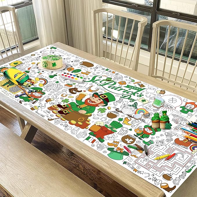 St. Patrick’s Day Coloring Tablecloth for Kids, Giant 30x72 Inch Poster with Shamrocks, Leprechauns, Perfect for Party Games, Holiday Decorations, Classroom Activities, Party Supplies