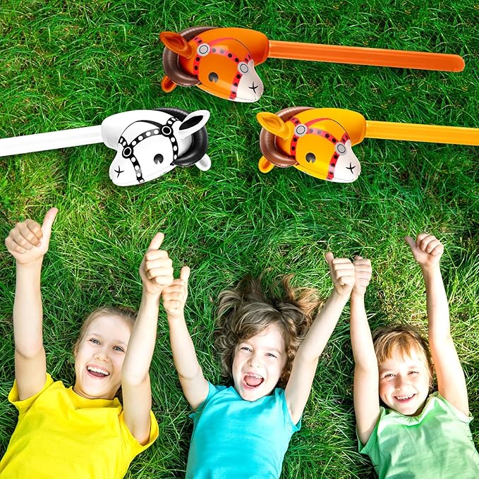Chivao 12 Pieces Inflatable Stick Horse Cute Horse Head Stick Blow up Balloon Colorful Cowboy Cowgirl Party Decorations for Themed Birthday Party (White, Yellow, Brown, Black)