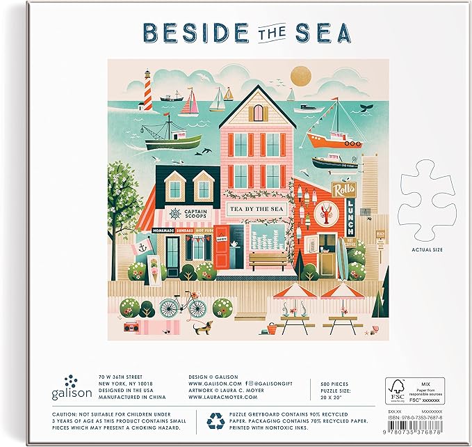 Galison Beside The Sea – 500 Piece Puzzle Fun and Challenging Activity with Bright and Bold Artwork of Charming Village and Sea Scenery for Adults and Families