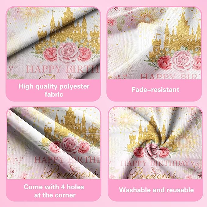 Happy Birthday Decorations For Women Men,Birthday Backdrop,Banner Balloons,Table Cloth,Paper pom poms Party Supplies for Girls Boys (Princess)