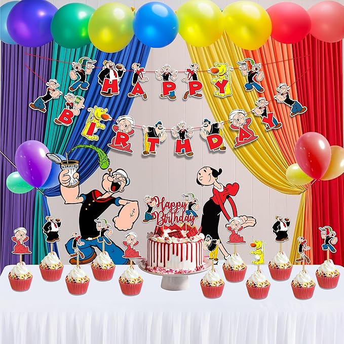 Popye Theme Birthday Party Supplies - Sailor Cartoon Inspired Party Decorations, Nautical Theme Birthday Banner, Cake Topper & Cupcake Decoration Set, Sea Adventure Celebration Decor