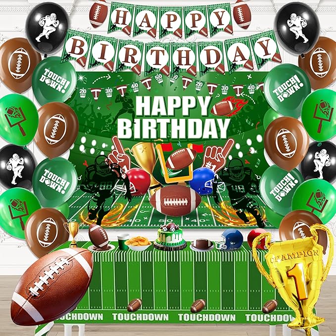 Football Birthday Decorations For Men,Happy Birthday Backdrop,Banner Balloons,Table Cloth,Paper pom poms Party Supplies for Boys
