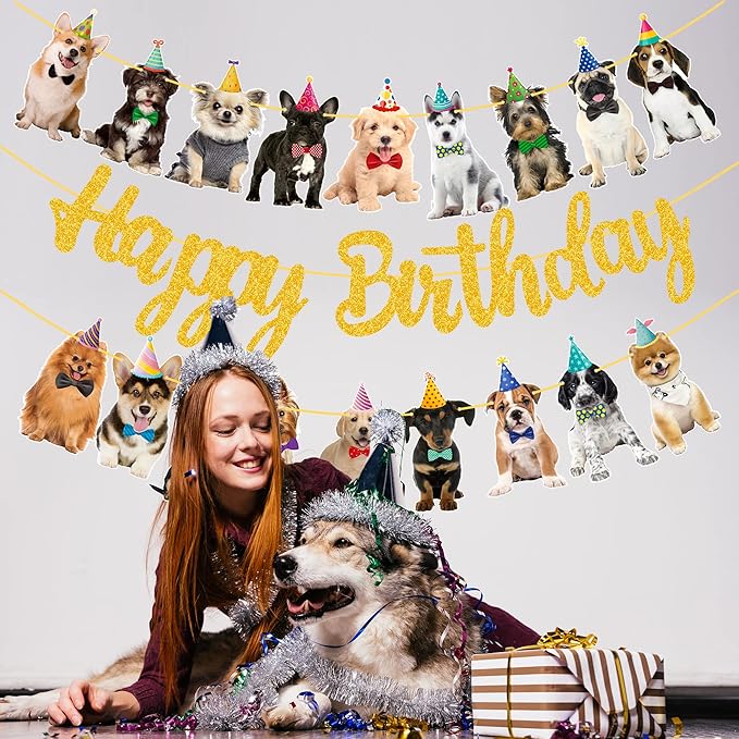 Dog Happy Birthday Banner Decorations Baby Birthday Party Supplies Gold Glitter Puppy Birthday Banner for Pet Dog Theme Party Bunting Decoration Baby Shower Party Supplies