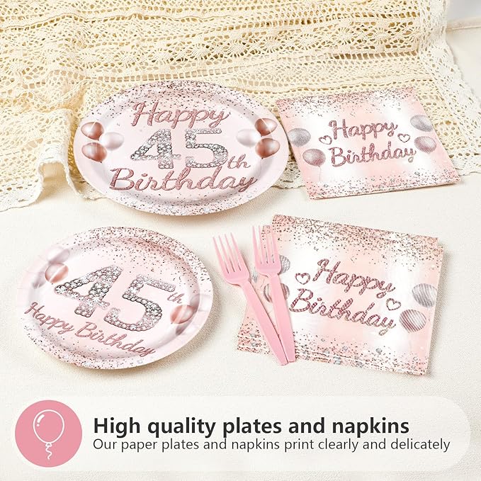 96Pcs 45th Birthday Party Decorations for Women Rose Gold 45th Birthday Paper Plates and Napkins Sets Pink Gold 45 Theme Decorations for Women Cheers to 45 Years Old Fabulous Party Supplies Serves 24